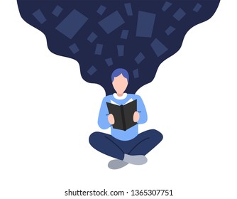 Education concept. Man in yoga pose reading a book. Flat colors. Web banner. Vector illustration.