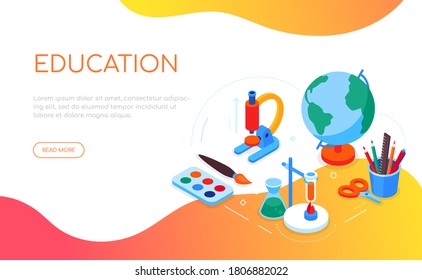Education concept - modern colorful isometric web banner with copy space for text. Back to school, studying idea. Illustration with globe, brush and paints, microscope, flasks. Arts, science subjects