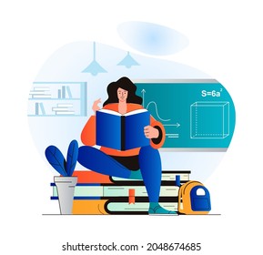 Education concept in modern flat design. Woman is reading book. Pupil studies from textbook, does her homework in library. Student learning at school, college or university. Vector illustration