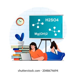 Education concept in modern flat design. Student studying lesson at laptop. Woman is reading textbook, does homework at class. Pupil learning at school, college or university. Vector illustration