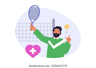 Education concept in modern flat design for web. Man with racket and ball playing tennis, exercising at court, prepares for professional match or doing favorite sport hobby. Vector illustration.