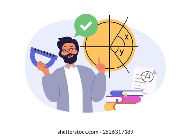 Education concept in modern flat design for web. Man with ruler working as teacher and explaining geometry lesson in class, solving math problems with students at training. Vector illustration.