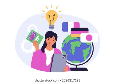Education concept in modern flat design for web. Woman learning english, japan, german and french languages at online courses and getting new cognition with global trainings. Vector illustration.