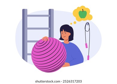 Concepto de Educación en diseño plano moderno para el Web. Mujer que hace ejercicio con la pelota de la aptitud y la cuerda que salta en gimnasio, corazón que entrena y que hace ejercicio cardiovascular, haciendo dieta para la salud del cuerpo. Ilustración vectorial.