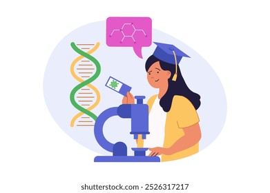 Education concept in modern flat design for web. Woman making research with microscope in lab, studying dna and other molecules, making genetic tests for getting science degree. Vector illustration.