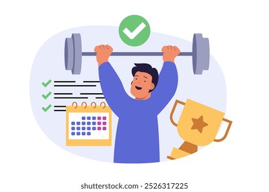 Conceito de educação em design plano moderno para web. Homem planejando atividades esportivas com calendário, exercitando com barbell, prepara-se para o campeonato de levantamento de peso para obter taça de ouro. Ilustração vetorial.