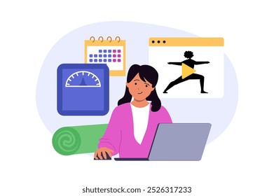 Education concept in modern flat design for web. Woman planning sport activities with calendar, exercising with yoga video lessons, training and doing workout for weight loss. Vector illustration.