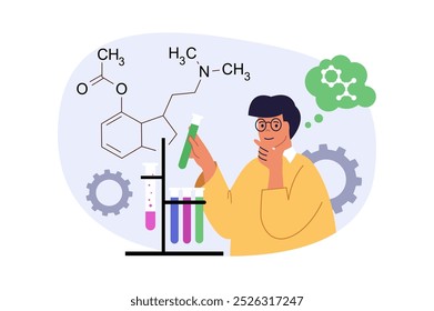 Conceito de educação em design plano moderno para web. Homem fazendo pesquisa química com tubos de ensaio, estudando moléculas e fórmulas, resolvendo problemas no curso de aprendizagem na universidade. Ilustração vetorial.