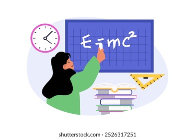 Education concept in modern flat design for web. Woman explaining physics at lesson in school, writing formula at blackboard. Student answering in classroom, getting knowledges. Vector illustration.