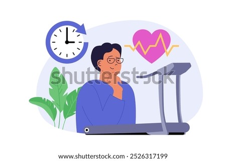 Education concept in modern flat design for web. Man exercising at treadmill in gym, training heart and doing cardio workout, running with timer for body activity and health. Vector illustration.