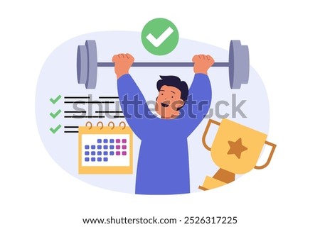 Education concept in modern flat design for web. Man planning sport activities with calendar, exercising with barbell, prepares for weightlifting championship for gets golden cup. Vector illustration.
