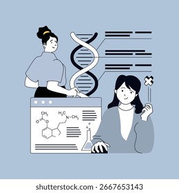Conceito educacional para web design moderno. Estudantes de química na universidade, fazendo lição de casa, adquirindo conhecimento sobre biologia, aprendendo genética com molécula de dna. Ilustração vetorial.