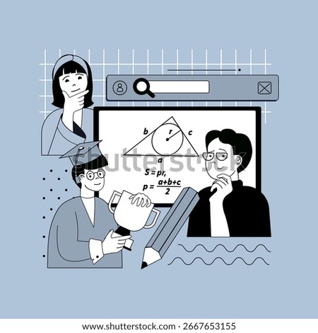 Education concept for modern web design. People studying at math lessons in classroom, answering near blackboard, gaining knowledge, learning at college or school, winning prize. Vector illustration.
