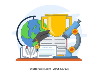 Education concept, object symbolizing knowledge. Flat style illustration of learning and education concept for web design, layout, banner, diagram, infographic, Flat vector illustration on background.