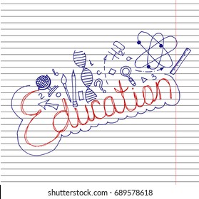 Education concept on copybook background. Vector illustration.