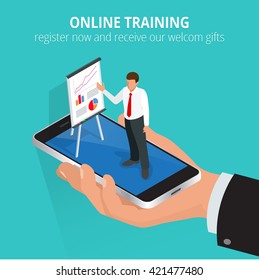Education concept: online training. Flat design concepts for online-education, online-training courses, staff training, retraining, specialization, university, tutorials. 