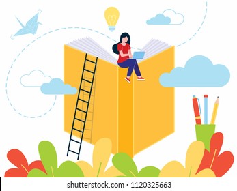 Education concept of online tutorial training courses, web education or video courses flat style design vector illustration. Student girl studying with online tutorials, books and devices isolated