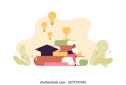 Education concept. Online university and courses. Vector flat people illustration. Female student with laptop computer sitting on pile of books. Graduation hat and light bulb idea symbol on background