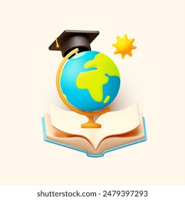 Education concept. Open book with Earth globe and graduate hat. Academic achievements