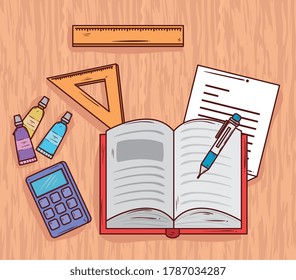 education concept, open book with school icons in wooden background vector illustration design