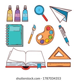 concepto educativo, libro abierto con iconos escolares diseño de ilustración vectorial