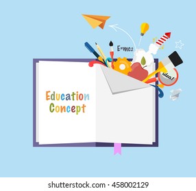 Education concept open book with school subjects. Flat vector illustration