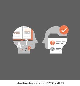 Education concept, open text book, exam preparation, study subject, school assignment, review knowledge, self learning, brief course, exercise book, vector icon, flat illustration