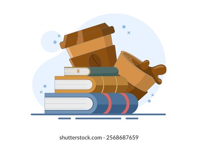 education concept, paper coffee cup with books. Takeaway coffee, takeaway coffee, coffee shop, good morning. morning spirit to face the day. flat vector design illustration on background.