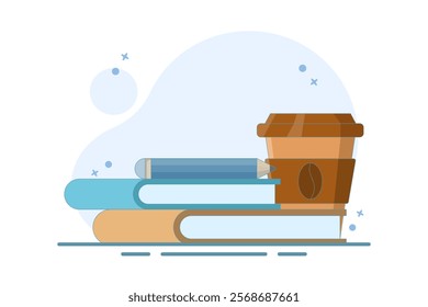 education concept, paper coffee cup with books. Takeaway coffee, takeaway coffee, coffee shop, good morning. morning spirit to face the day. flat vector design illustration on background.