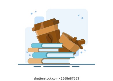 education concept, paper coffee cup with books. Takeaway coffee, takeaway coffee, coffee shop, good morning. morning spirit to face the day. flat vector design illustration on background.