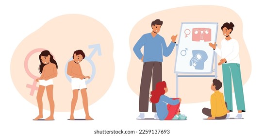 Concepto Educativo Con Padres Enseñando Niños, Salud Reproductiva, Relaciones, Proporcionar Información Integral Y Precisa A Los Niños. Ilustración de vectores de personas de caricatura