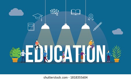 education concept with people and big text word and related icon flat