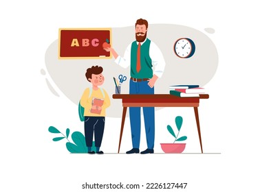 Erziehungskonzept mit Menschen-Szene im flachen Cartoon-Design. Der Lehrer erklärt das Alphabet dem kleinsten Schüler. Vektorgrafik.