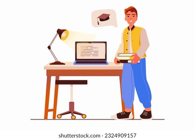 Education concept with people scene in the flat cartoon design. A guy is getting an online education while staying at home. Vector illustration.