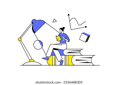Education concept with people scene in the flat cartoon style. The girl reads books to enrich her knowledge. Vector illustration.