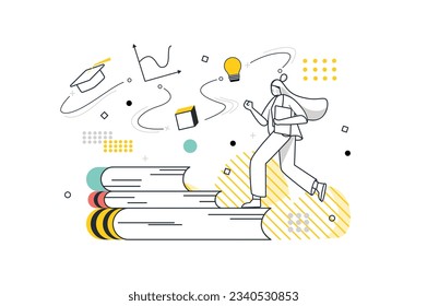 Education concept with people scene in the flat line cartoon design. The girl reads a lot of books and acquires new knowledge. Vector illustration.