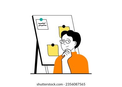 Concepto educativo con escena de personas en diseño web plano. Pensamiento del hombre y lluvia de ideas, preparando la presentación para la clase universitaria. Ilustración vectorial para banner de medios sociales, material de marketing.