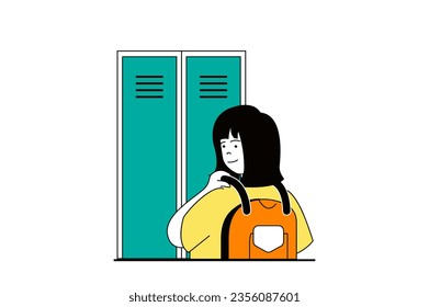 Education concept with people scene in flat web design. Student with backpack standing by locker and preparing to lessons or exams. Vector illustration for social media banner, marketing material.