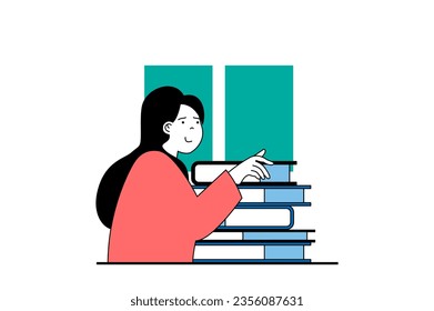Education concept with people scene in flat web design. Young girl student going to library and getting stack of books for study. Vector illustration for social media banner, marketing material.