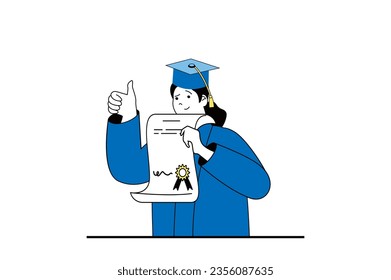 Concepto educativo con escena de personas en diseño web plano. Estudiante terminando sus estudios en la universidad y obteniendo diploma en la graduación. Ilustración vectorial para banner de medios sociales, material de marketing.