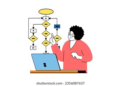 Concepto educativo con escena de personas en diseño web plano. Enseñanza de mujeres en la universidad y algoritmo explicativo en el webinar de e-learning. Ilustración vectorial para banner de medios sociales, material de marketing.