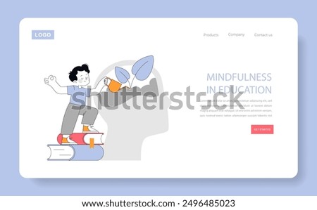 Education concept. A playful take on mental growth, showcasing a joyful student watering a brain plant on books. Creative learning process. Vector illustration.