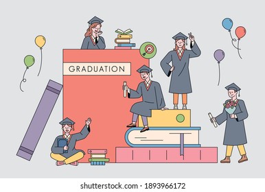 Education concept poster. Students in graduation gowns are around a huge book.