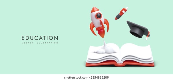 Education concept. Productive learning, transition to another class, course. 3D rocket launch with open book, pen, and graduate cap. Help, tutoring services. Advertising of school, college, academy