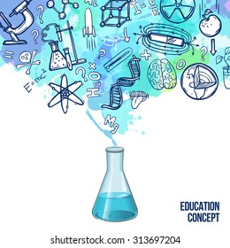 Education Concept With Realistic Lab Flask And Sketch Science Symbols Vector Illustration