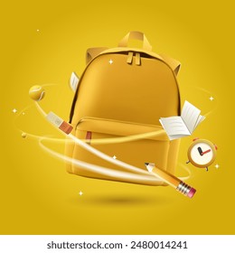 Education concept. Realistic school backpack with books, time clock,  pencil, eraser on ring orbit. Autumn fair of school supplies, vector illustration