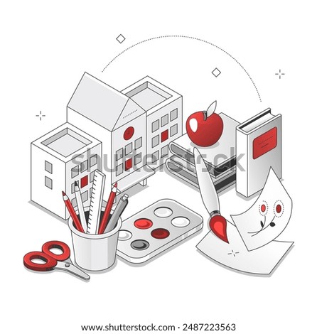Education concept - red and black line illustration on white background. Back to school and studying idea. Pencil, brush, paints, scissors, paper, book and other art objects. Lessons and learning