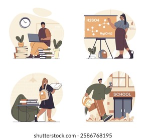 Education concept scenes set in flat web design. People in situations of studying at school lessons, reading textbooks, doing homework at laptop, teenages learning in class. Vector illustrations.