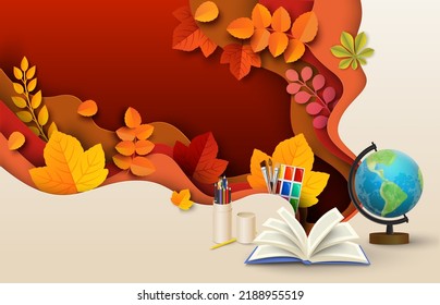 Education concept. School background. Autumn vector. Paper cut layered illustration with study supplies and autumnal leaves design. Sale campaign, Knowledge day celebration. Back to school