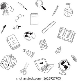 Education concept. School background with hand-drawn school supplies. Vector.